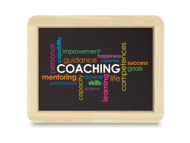 COACHING colorful vector word cloud banner on mini blackboard on white background